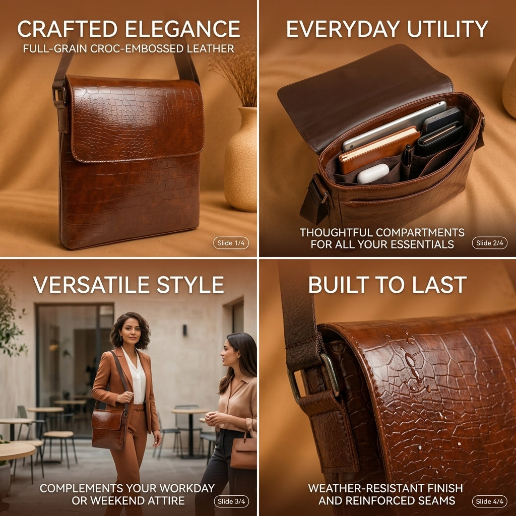 OAK FORD Executive Brown Messenger Bag for Men | Premium Croc Texture Office Crossbody Bag