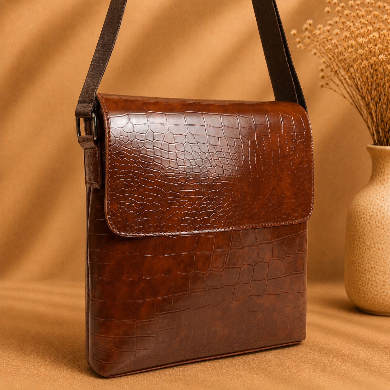 OAK FORD Executive Brown Messenger Bag for Men | Premium Croc Texture Office Crossbody Bag