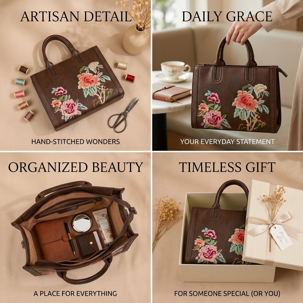 CHERYL Bags Floral Embroidered Classic Handbag - OAK FORD