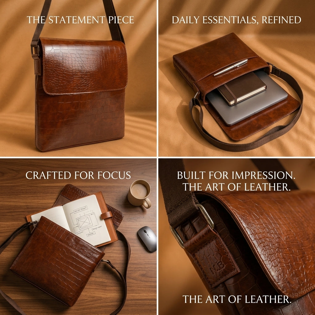 OAK FORD Executive Brown Messenger Bag for Men | Premium Croc Texture Office Crossbody Bag