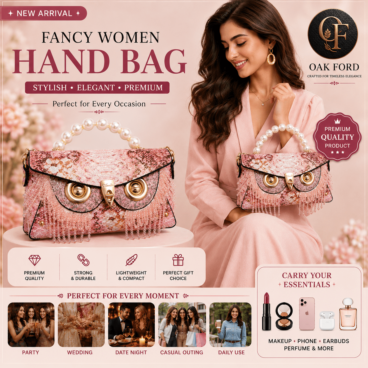 Women's Pearl Handle Designer Hand Bag - OAK FORD